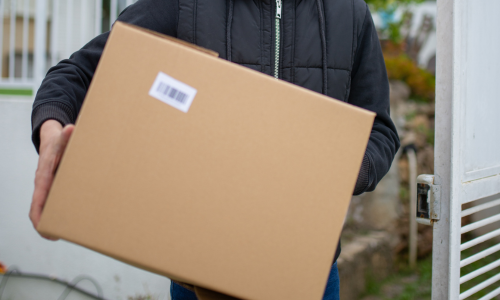 An individual carrying a large cardboard box
