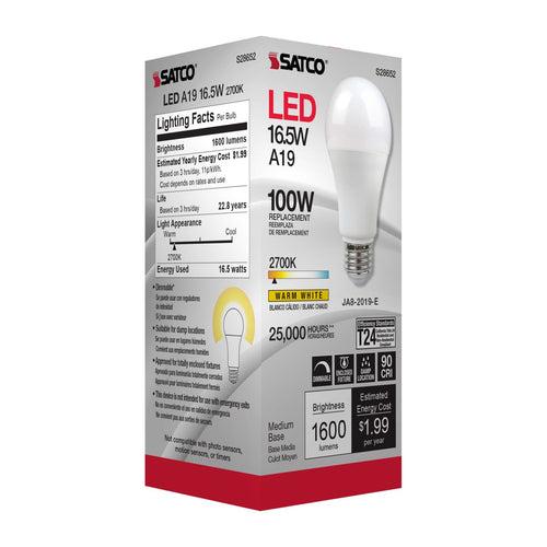 Satco Products S28652 16.5A19LED/927/120V